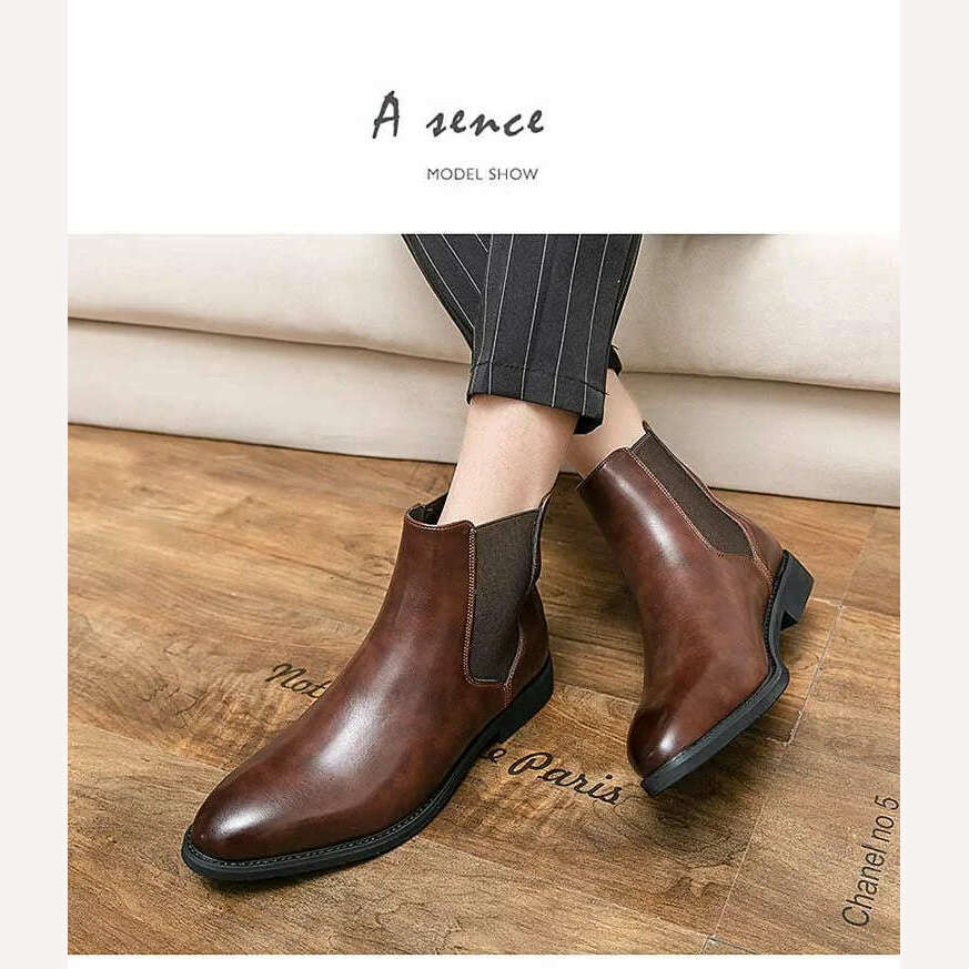 KIMLUD, New Chelsea Boots Men Shoes PU Brown Fashion Versatile Business Casual British Style Street Party Wear Classic Ankle Boots, KIMLUD Womens Clothes