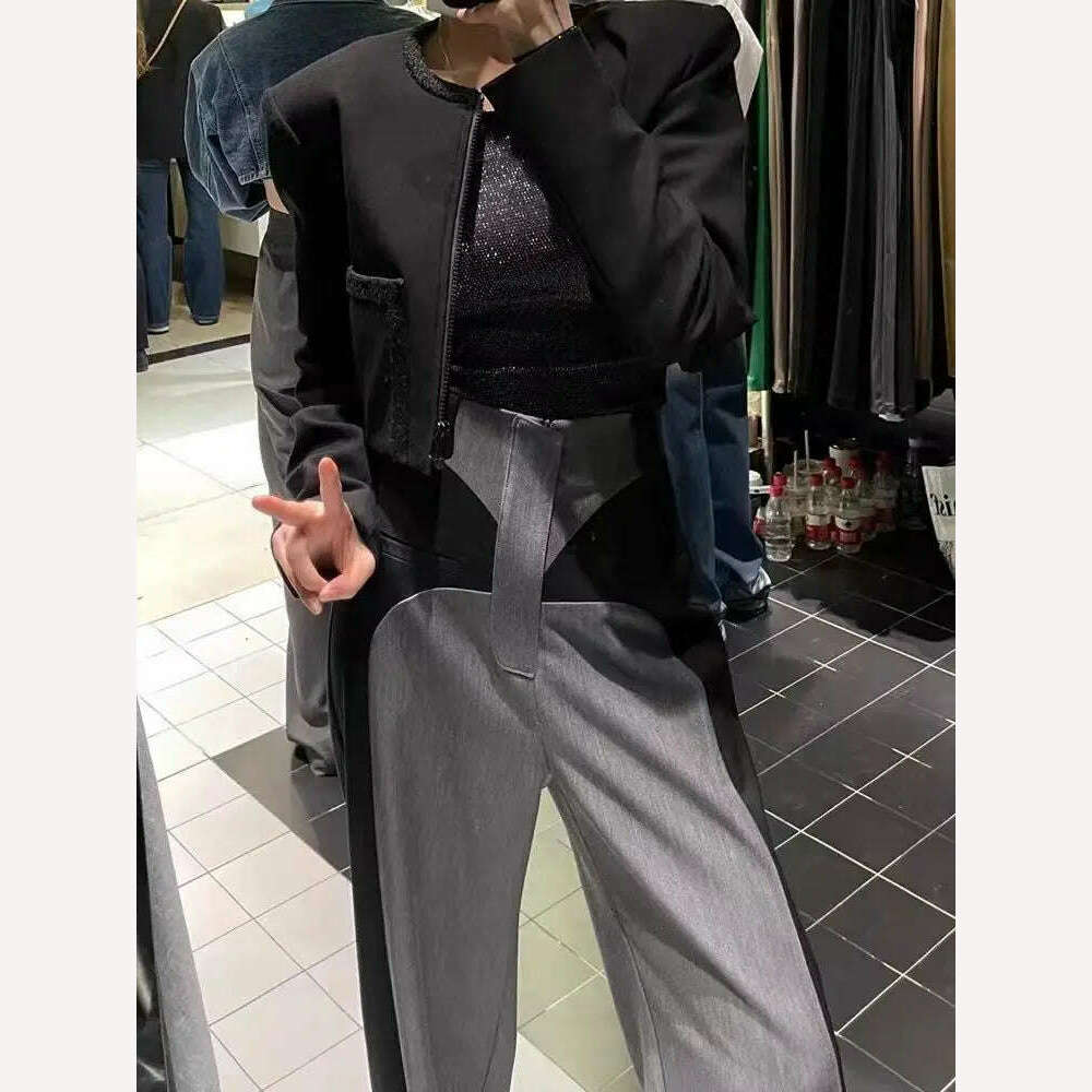 KIMLUD, New Chestnut 2023Spring NewDesign Sense Color Contrast Patchwork Suit Pants Women's High Waist Slimming Loose Wide Leg Mop Pants, gray / S, KIMLUD Womens Clothes