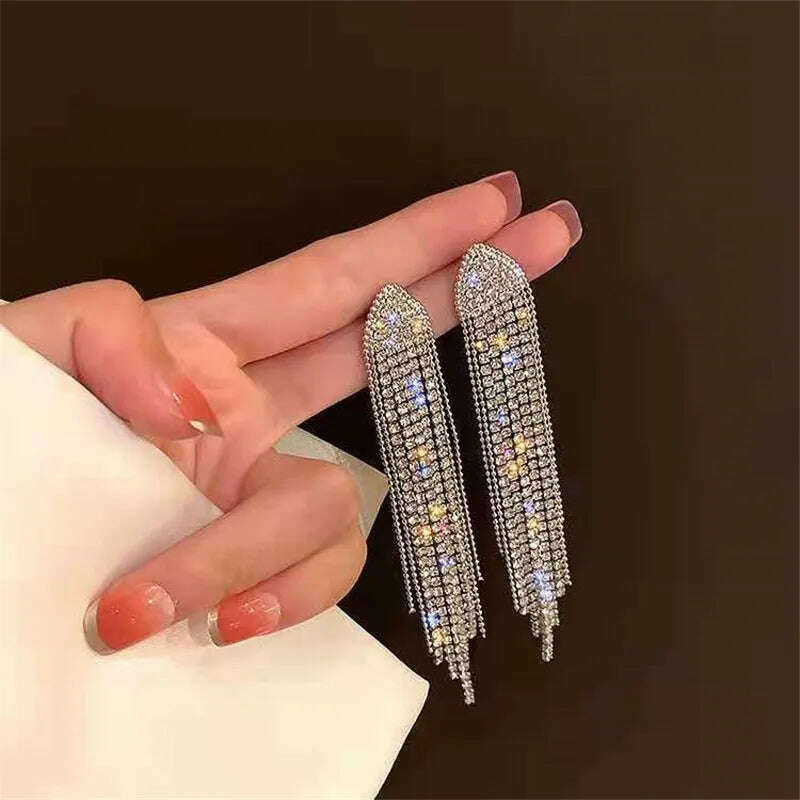 KIMLUD, New Classic Shiny Crystal Earrings Ladies Exaggerated Long Earrings Tassels Rhinestone Earrings Fashion Korean Earrings Jewelry, 02, KIMLUD Women's Clothes