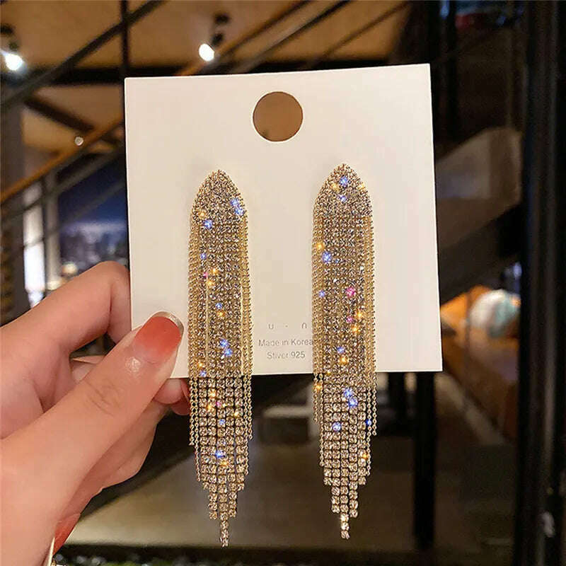 KIMLUD, New Classic Shiny Crystal Earrings Ladies Exaggerated Long Earrings Tassels Rhinestone Earrings Fashion Korean Earrings Jewelry, 01, KIMLUD Womens Clothes