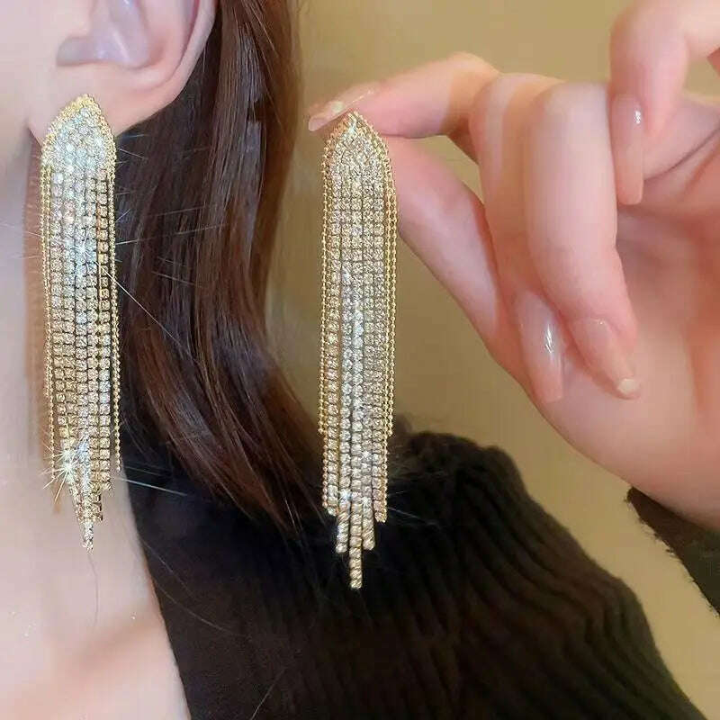 KIMLUD, New Classic Shiny Crystal Earrings Ladies Exaggerated Long Earrings Tassels Rhinestone Earrings Fashion Korean Earrings Jewelry, KIMLUD Womens Clothes