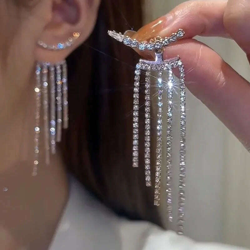 KIMLUD, New Classic Shiny Crystal Earrings Ladies Exaggerated Long Earrings Tassels Rhinestone Earrings Fashion Korean Earrings Jewelry, 08, KIMLUD Women's Clothes
