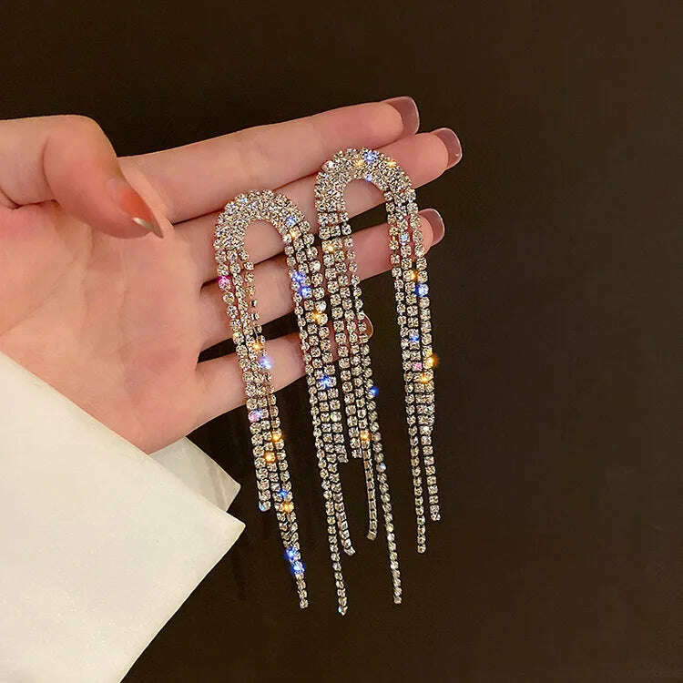 KIMLUD, New Classic Shiny Crystal Earrings Ladies Exaggerated Long Earrings Tassels Rhinestone Earrings Fashion Korean Earrings Jewelry, 03, KIMLUD Women's Clothes