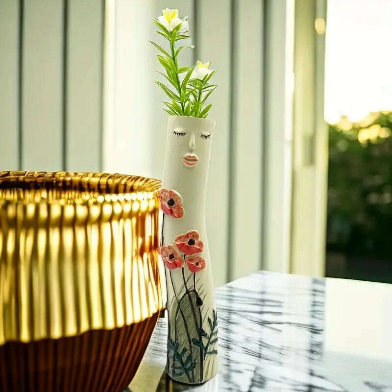 KIMLUD, New Creative Human Face Resin Vase Fairy Style Home Decor Vase Outdoor Decoration Sculpture Small Hand-painted Resin Vase, KIMLUD Womens Clothes