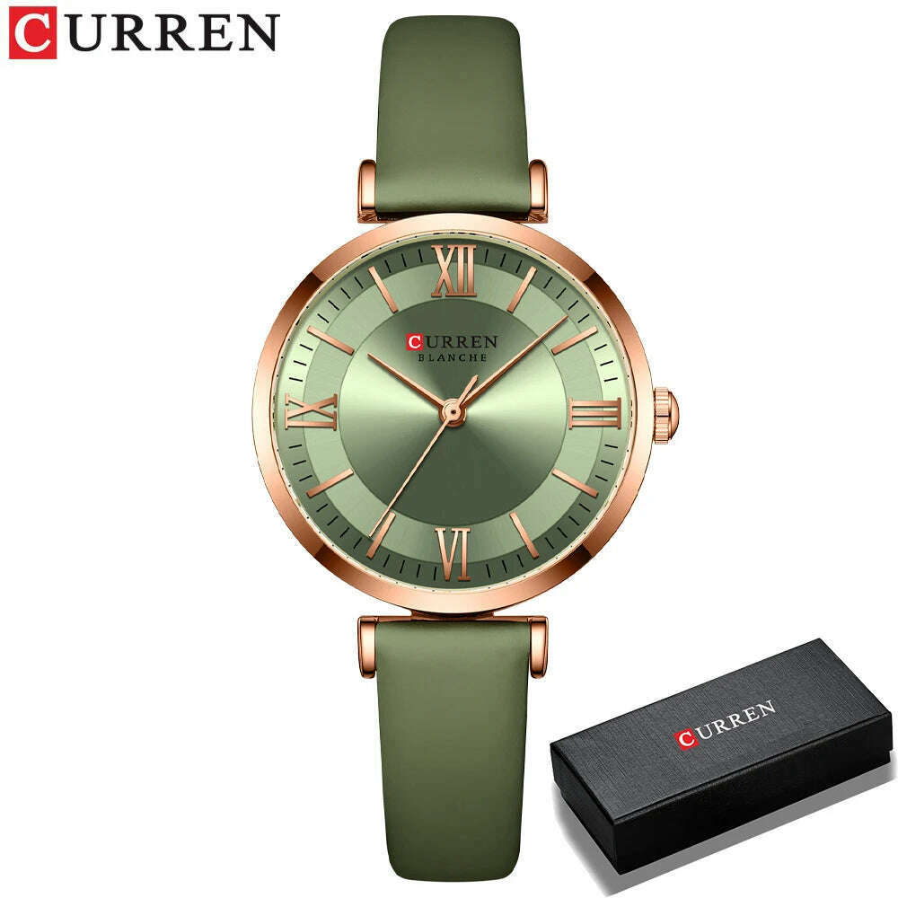 KIMLUD, NEW CURREN Watches Women's Quartz Leather Wrsitwatches Fashionable Classic Clock Montre femme, light green box, KIMLUD Women's Clothes