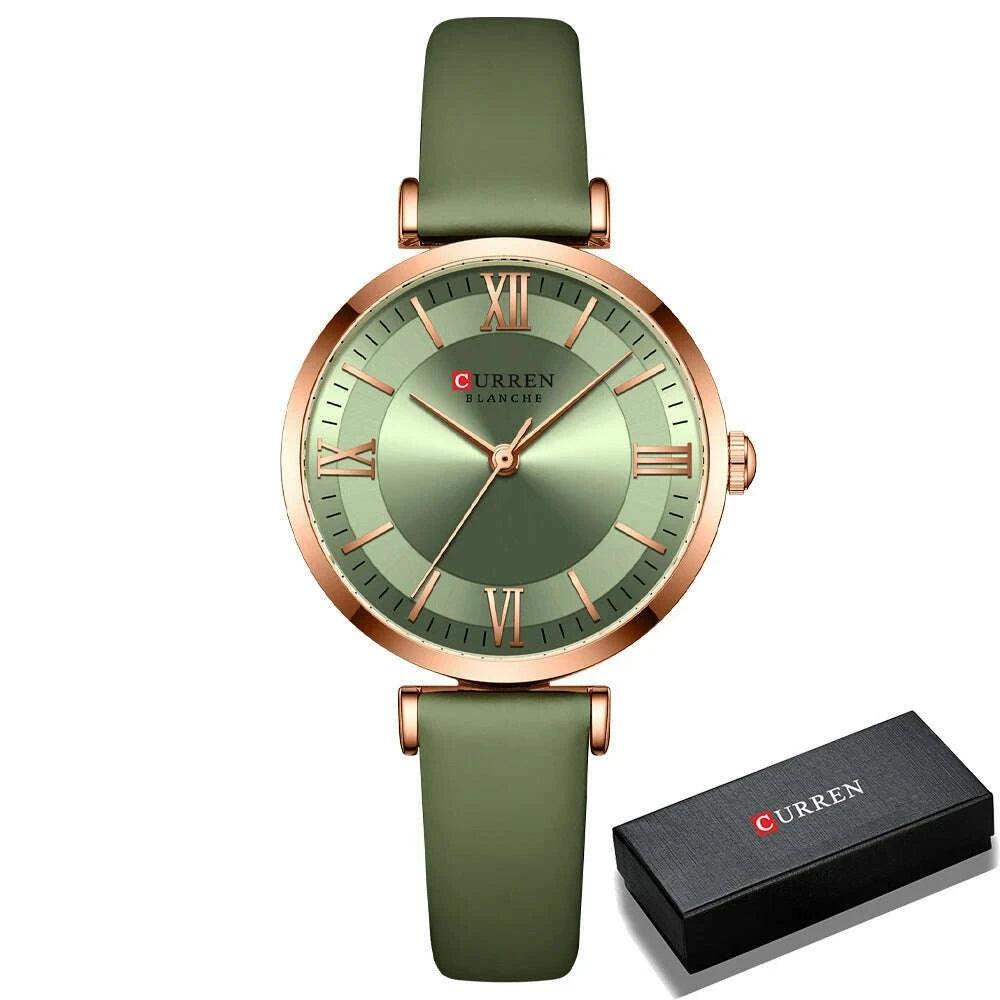 KIMLUD, NEW CURREN Watches Women's Quartz Leather Wrsitwatches Fashionable Classic Clock Montre femme, light green box, KIMLUD Womens Clothes