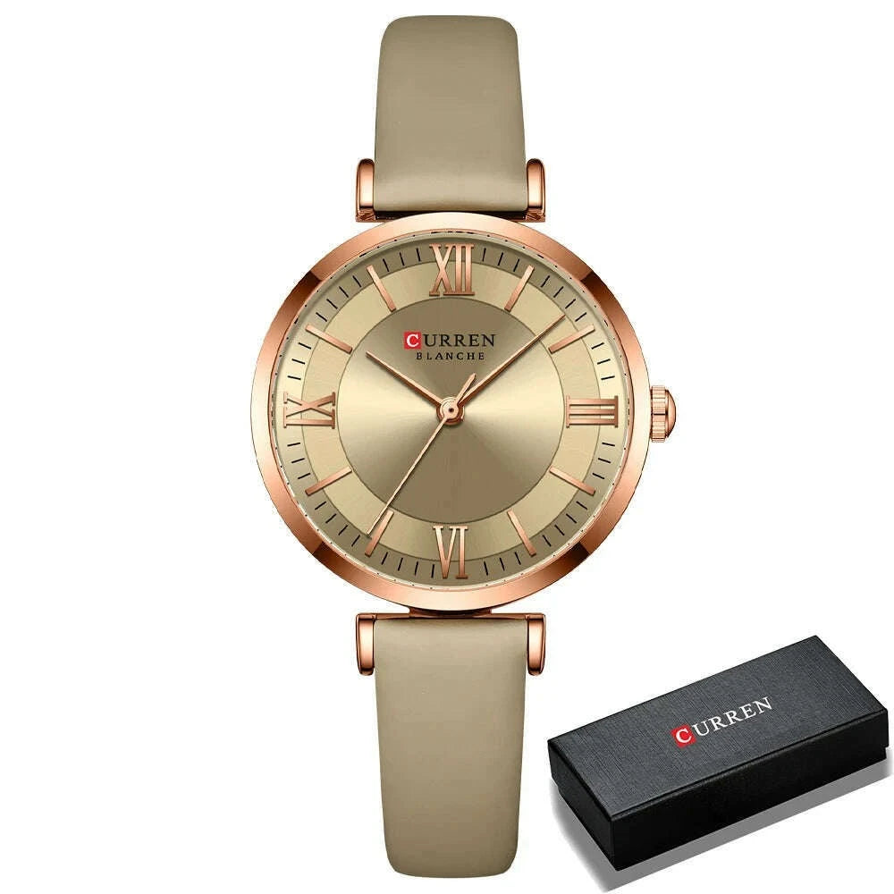 KIMLUD, NEW CURREN Watches Women's Quartz Leather Wrsitwatches Fashionable Classic Clock Montre femme, khaki box, KIMLUD Womens Clothes