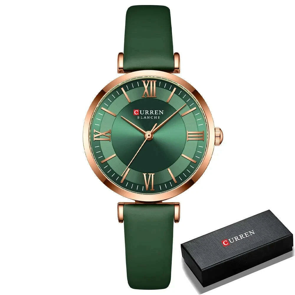 KIMLUD, NEW CURREN Watches Women's Quartz Leather Wrsitwatches Fashionable Classic Clock Montre femme, green box, KIMLUD Womens Clothes