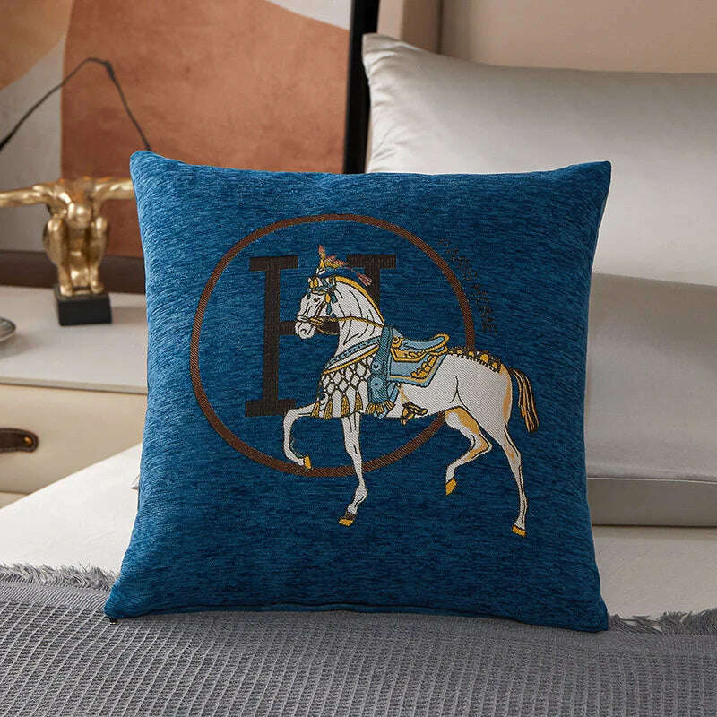 KIMLUD, New Design Horse Pattern Throw Pillow Covers Chenille Throw Pillowcases Square Decorative Cushion Pillow Covers for Sofa JAF071, Dark blue / 45x45cm, KIMLUD APPAREL - Womens Clothes