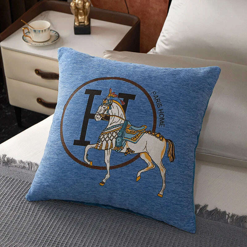 KIMLUD, New Design Horse Pattern Throw Pillow Covers Chenille Throw Pillowcases Square Decorative Cushion Pillow Covers for Sofa JAF071, Light blue / 45x45cm, KIMLUD APPAREL - Womens Clothes