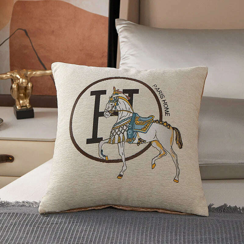 KIMLUD, New Design Horse Pattern Throw Pillow Covers Chenille Throw Pillowcases Square Decorative Cushion Pillow Covers for Sofa JAF071, Rice white / 45x45cm, KIMLUD APPAREL - Womens Clothes