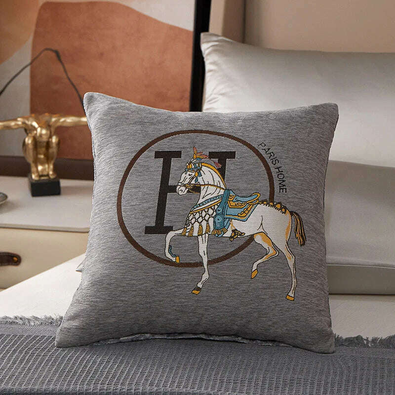 KIMLUD, New Design Horse Pattern Throw Pillow Covers Chenille Throw Pillowcases Square Decorative Cushion Pillow Covers for Sofa JAF071, Grey / 45x45cm, KIMLUD APPAREL - Womens Clothes