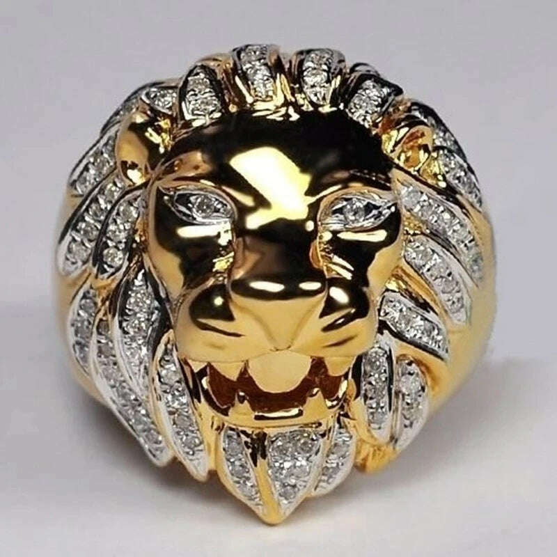 KIMLUD, New Design Men Ring Lion Head Alloy Mosaic Crystal Engagement Wedding Gift Finger Fashion Jewelry Rings, Gold / 6, KIMLUD Womens Clothes