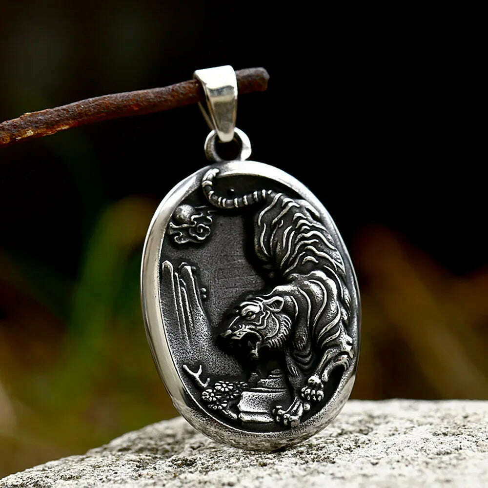KIMLUD, New Design Stainless Steel Tiger Pendant Necklace For Men Punk Domineering Animal Necklaces Fashion Creative Jewelry Wholesale, No Chain, KIMLUD Womens Clothes