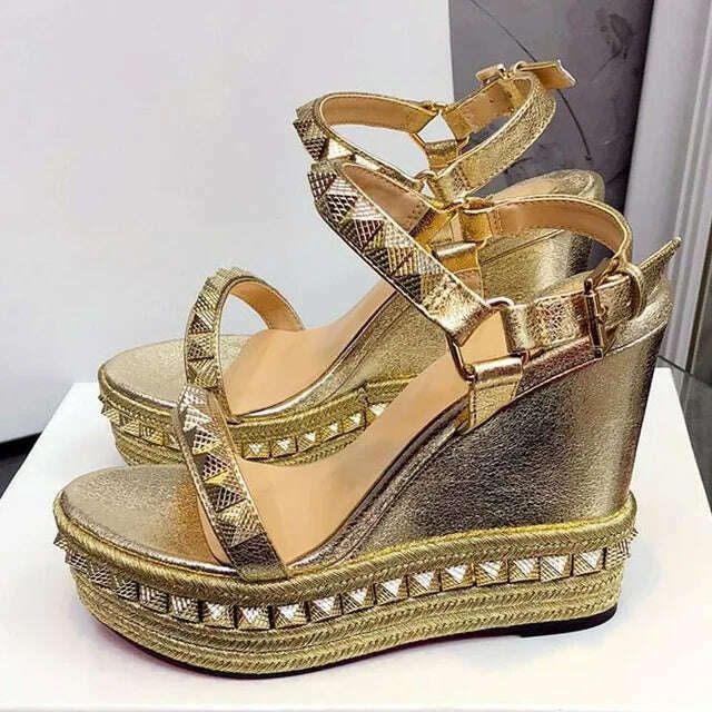 New Designer Thick Platform Women High Heel Wedges Gladiator Sandals Women Wedge Heeled Rivet One Belt Sandalias Mujer - KIMLUD