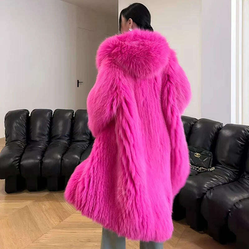 KIMLUD, New  Double sided woven 100% fox fur coat, length 110cm hooded coat, Real fur coat women's imported white bear warm clothing, KIMLUD Womens Clothes