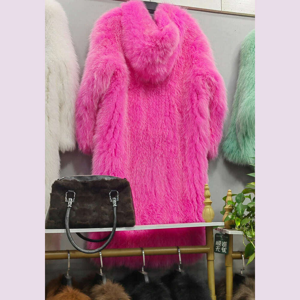 KIMLUD, New  Double sided woven 100% fox fur coat, length 110cm hooded coat, Real fur coat women's imported white bear warm clothing, Rose Red / One Size, KIMLUD APPAREL - Womens Clothes