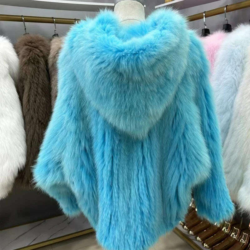KIMLUD, New  Double sided woven 100% fox fur coat, length 110cm hooded coat, Real fur coat women's imported white bear warm clothing, as picture 08 / One Size, KIMLUD APPAREL - Womens Clothes