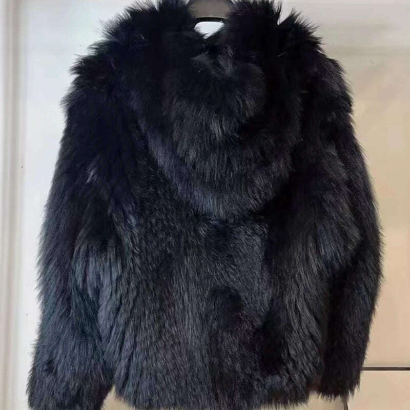 KIMLUD, New  Double sided woven 100% fox fur coat, length 110cm hooded coat, Real fur coat women's imported white bear warm clothing, black / One Size, KIMLUD APPAREL - Womens Clothes