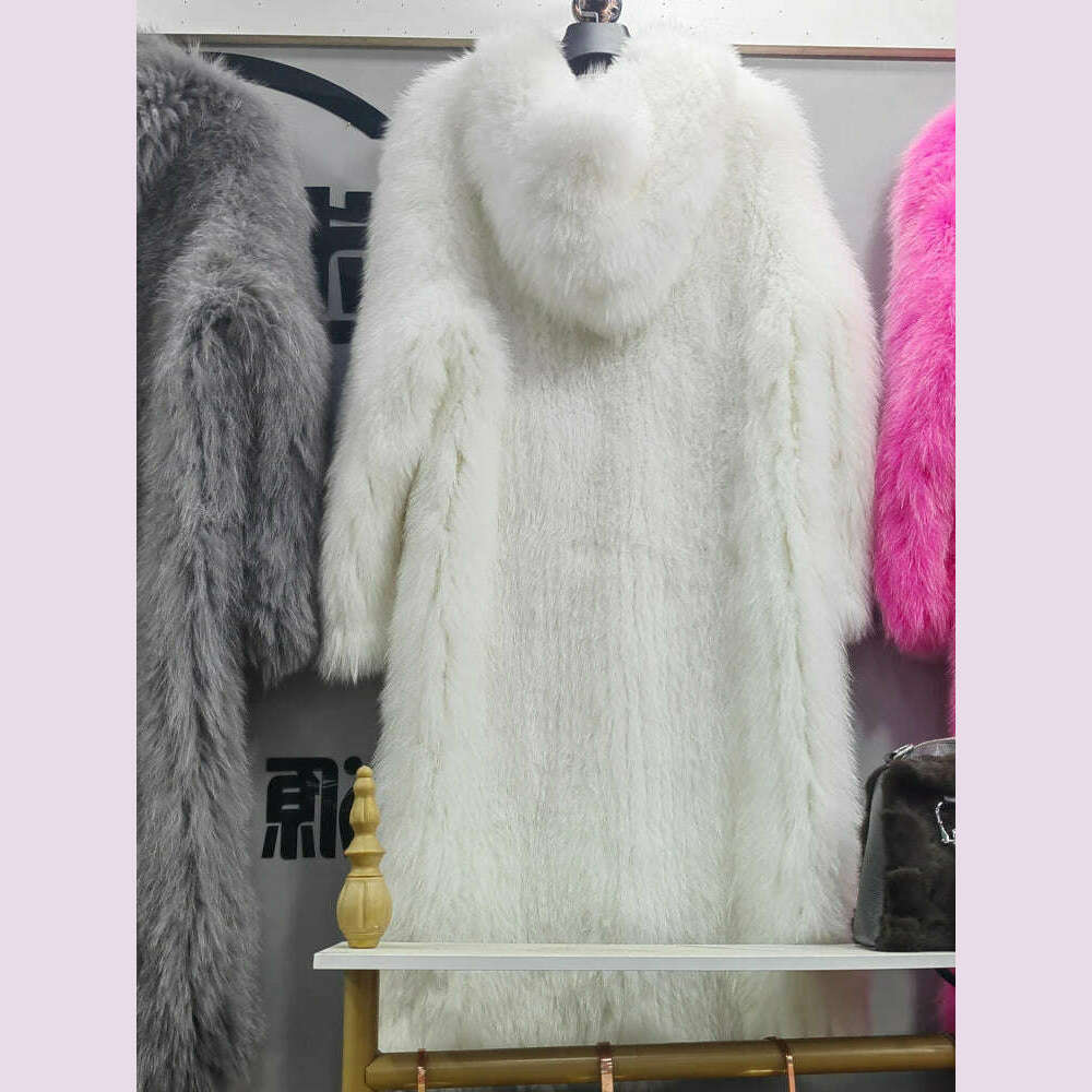 KIMLUD, New  Double sided woven 100% fox fur coat, length 110cm hooded coat, Real fur coat women's imported white bear warm clothing, WHITE / One Size, KIMLUD APPAREL - Womens Clothes