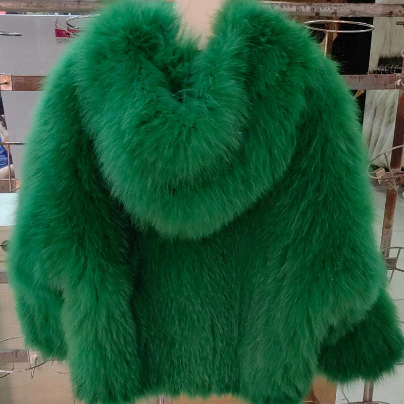 KIMLUD, New  Double sided woven 100% fox fur coat, length 110cm hooded coat, Real fur coat women's imported white bear warm clothing, green / One Size, KIMLUD APPAREL - Womens Clothes