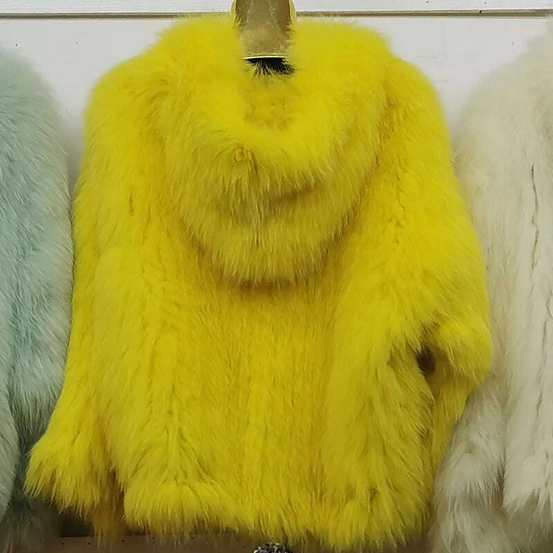 KIMLUD, New  Double sided woven 100% fox fur coat, length 110cm hooded coat, Real fur coat women's imported white bear warm clothing, Yellow / One Size, KIMLUD APPAREL - Womens Clothes