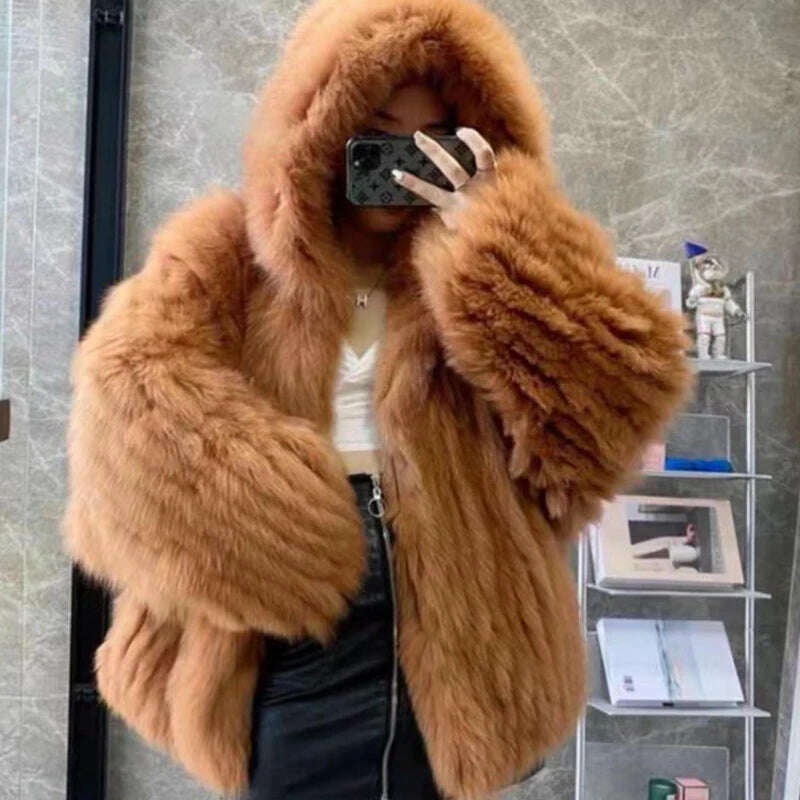 KIMLUD, New  Double sided woven 100% fox fur coat, length 110cm hooded coat, Real fur coat women's imported white bear warm clothing, as picture 04 / One Size, KIMLUD APPAREL - Womens Clothes