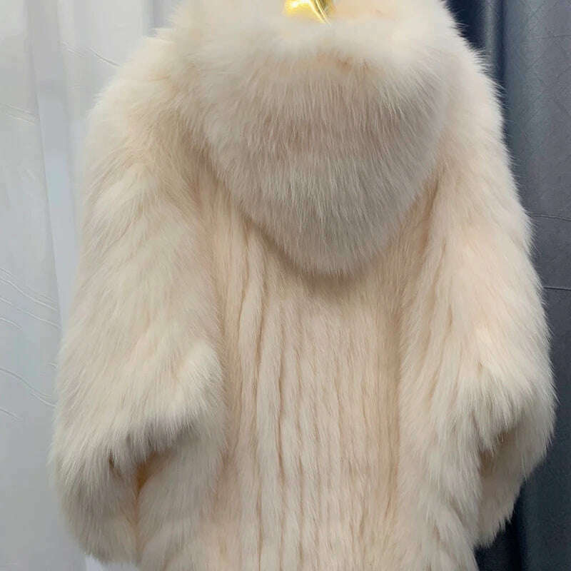 KIMLUD, New  Double sided woven 100% fox fur coat, length 110cm hooded coat, Real fur coat women's imported white bear warm clothing, Ivory / One Size, KIMLUD APPAREL - Womens Clothes