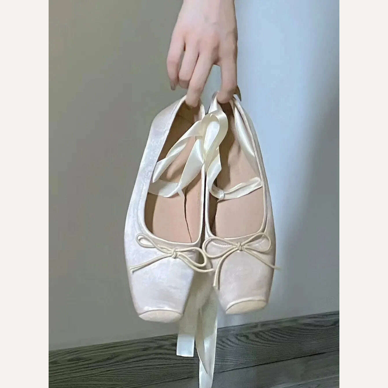 KIMLUD, NEW Fashion Classic Silk Ballet Shoes Lace up Ballet Shoes Women Square Toe Bowtie Women Flats Elegant Valentine Shoes, Apricot / 35, KIMLUD Women's Clothes