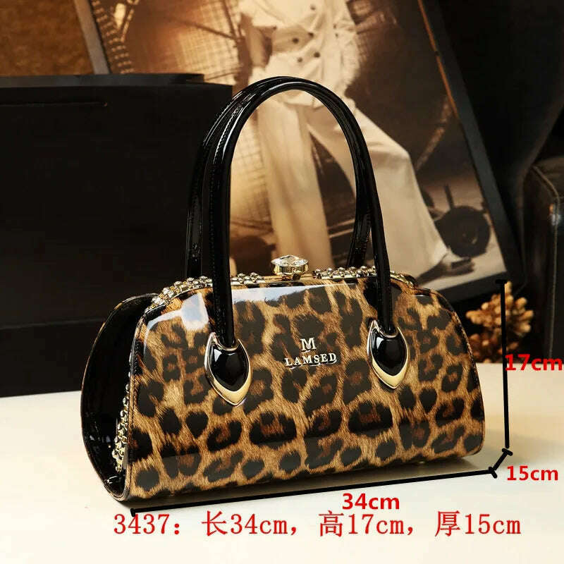 KIMLUD, New Fashion Diamond leopard Women Handbag cowhide leather ladies Portable party tote evening Bag female shoulder diagonal bags, KIMLUD Womens Clothes