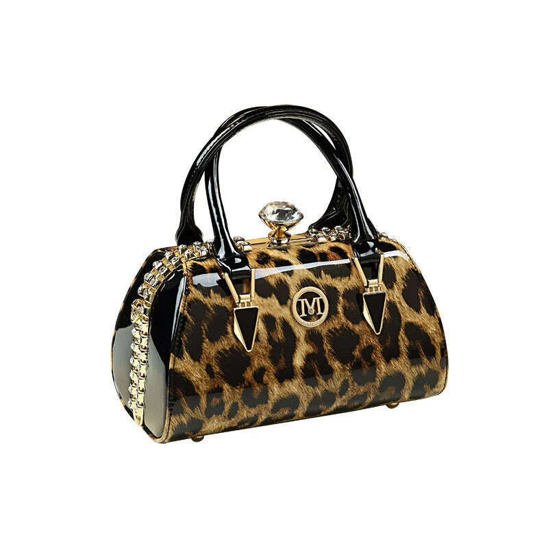 KIMLUD, New Fashion Diamond leopard Women Handbag cowhide leather ladies Portable party tote evening Bag female shoulder diagonal bags, KIMLUD Womens Clothes