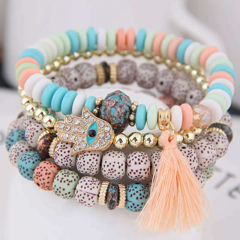 KIMLUD, New Fashion Heart Charm Beaded Bracelets Set Women Multi colors Stone Boho Bracelet Resin Beads Bracelets For Women Bijoux, color 11 / China / 17cm, KIMLUD Womens Clothes