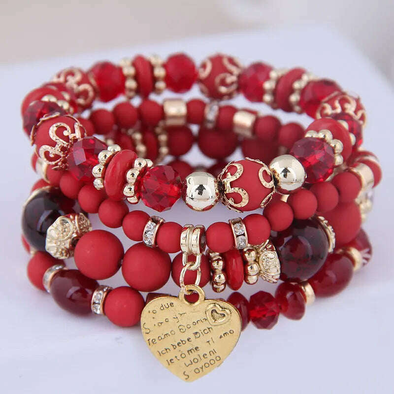 KIMLUD, New Fashion Heart Charm Beaded Bracelets Set Women Multi colors Stone Boho Bracelet Resin Beads Bracelets For Women Bijoux, KIMLUD Womens Clothes