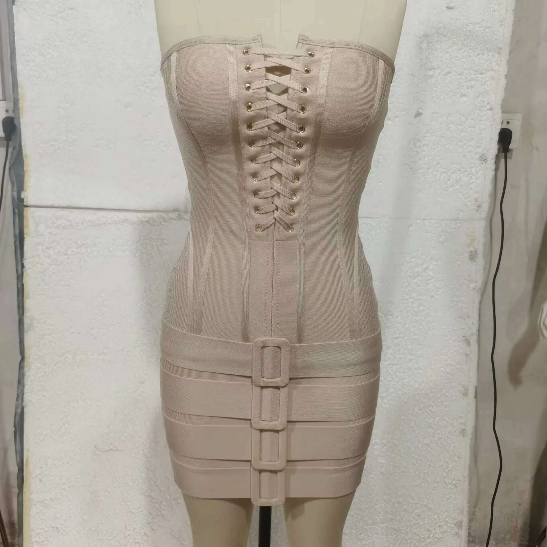 KIMLUD, New Fashion Khaki Color Women Sexy Strapless Laced-up Bodycon Mini Dress Rayon Bandage Nightclub Party Celebrate Dress Wholesale, KIMLUD Womens Clothes