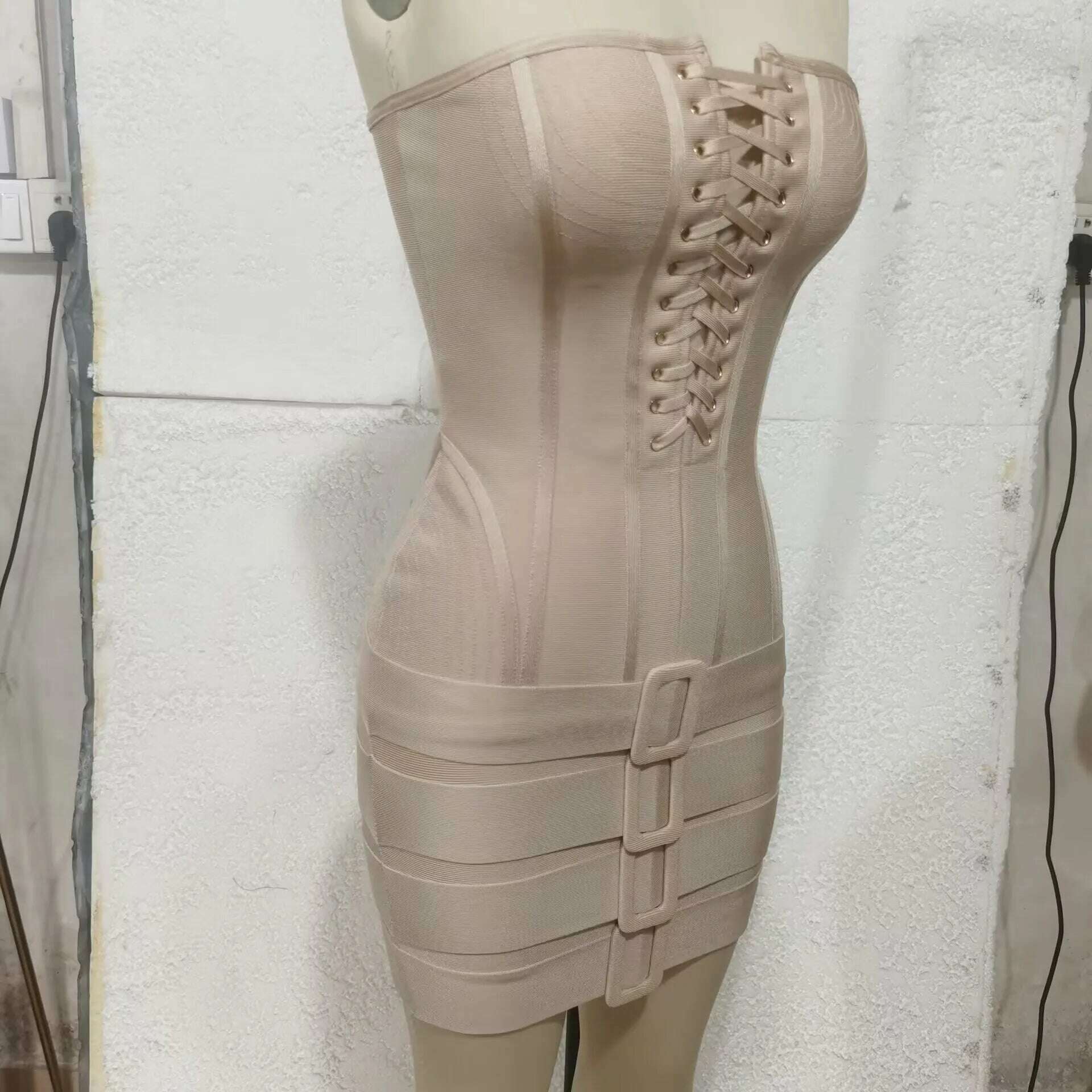 KIMLUD, New Fashion Khaki Color Women Sexy Strapless Laced-up Bodycon Mini Dress Rayon Bandage Nightclub Party Celebrate Dress Wholesale, KIMLUD Womens Clothes