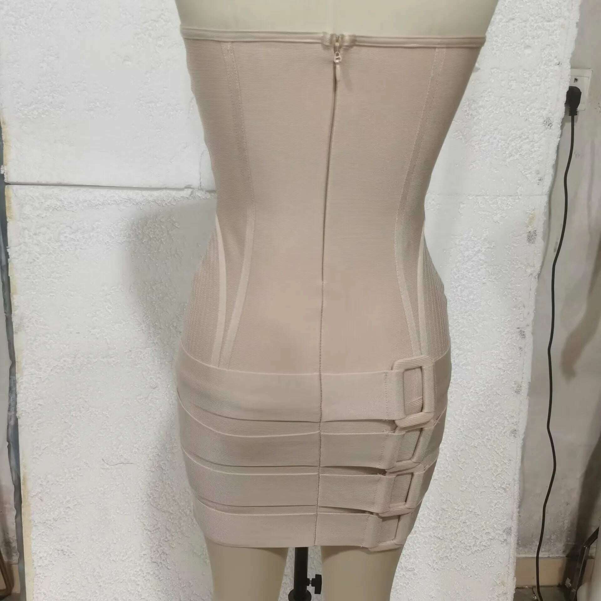 KIMLUD, New Fashion Khaki Color Women Sexy Strapless Laced-up Bodycon Mini Dress Rayon Bandage Nightclub Party Celebrate Dress Wholesale, KIMLUD Womens Clothes