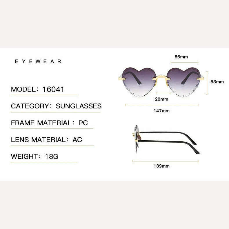 KIMLUD, New Fashion Love Heart Sunglasses Women Brand Designer Rimless Classic Eyewear Female Vintage Retro Gradient Sun Glasses Uv400, KIMLUD Womens Clothes