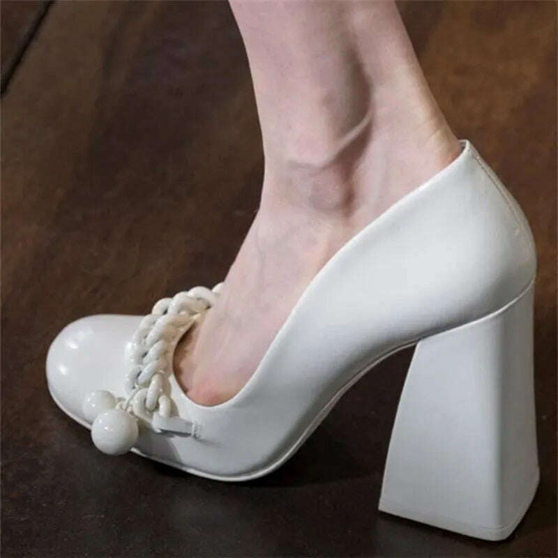 KIMLUD, New Fashion Round Toe Chain Pumps Women Rome Solid Sexy PU Leather Wedding Shoes Women Comfortable High Heels Zapatos De Mujer, White (8.5cm Heels) / 34, KIMLUD Women's Clothes