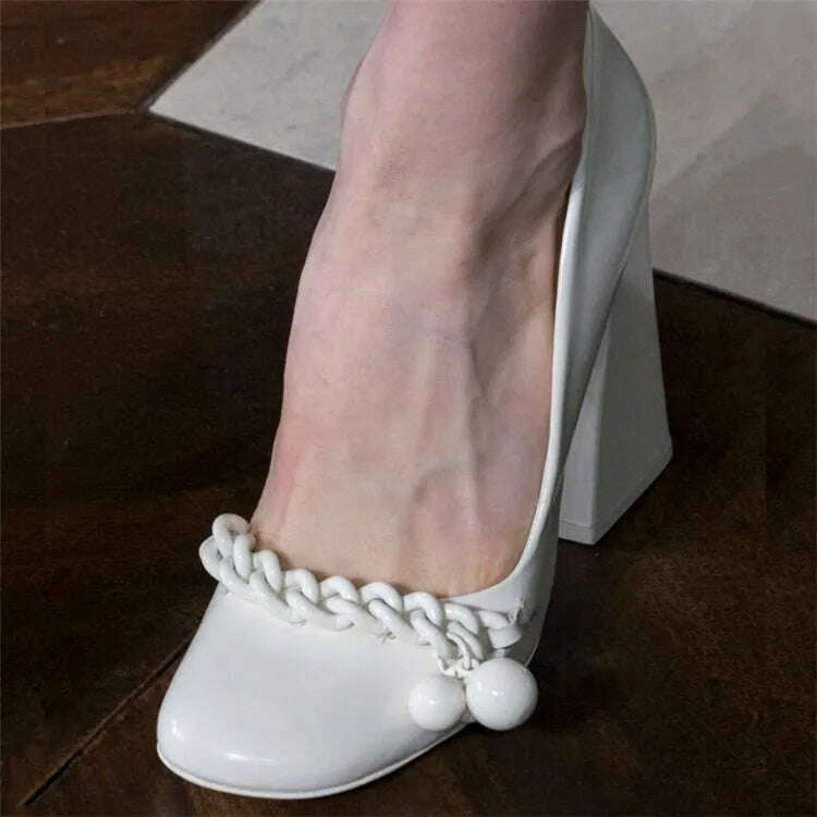 KIMLUD, New Fashion Round Toe Chain Pumps Women Rome Solid Sexy PU Leather Wedding Shoes Women Comfortable High Heels Zapatos De Mujer, KIMLUD Womens Clothes