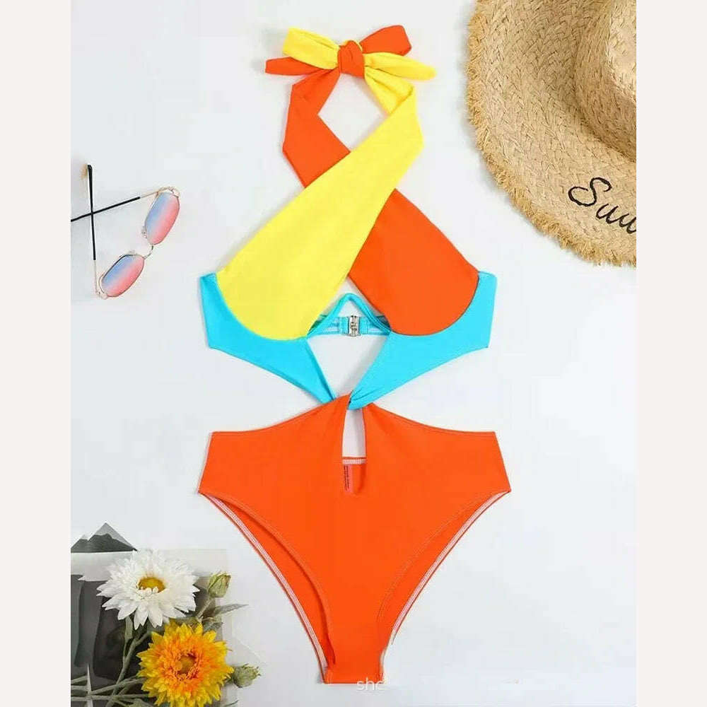 KIMLUD, New Fashion Sexy One Piece Swimsuit Women Hollow Out Swimwear Bathing Suit Women, Orange / L, KIMLUD Womens Clothes