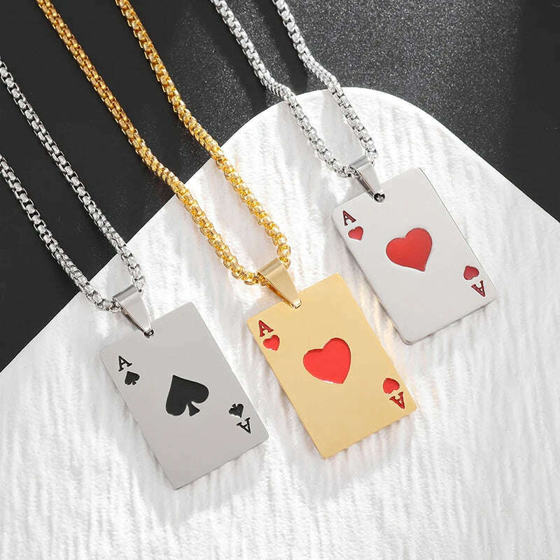 KIMLUD, New Fashion Stainless Steel Lucky Playing Card Spades Ace Hearts Pendant Necklace Men Women Trend Charm Personalized Jewelry, KIMLUD Women's Clothes