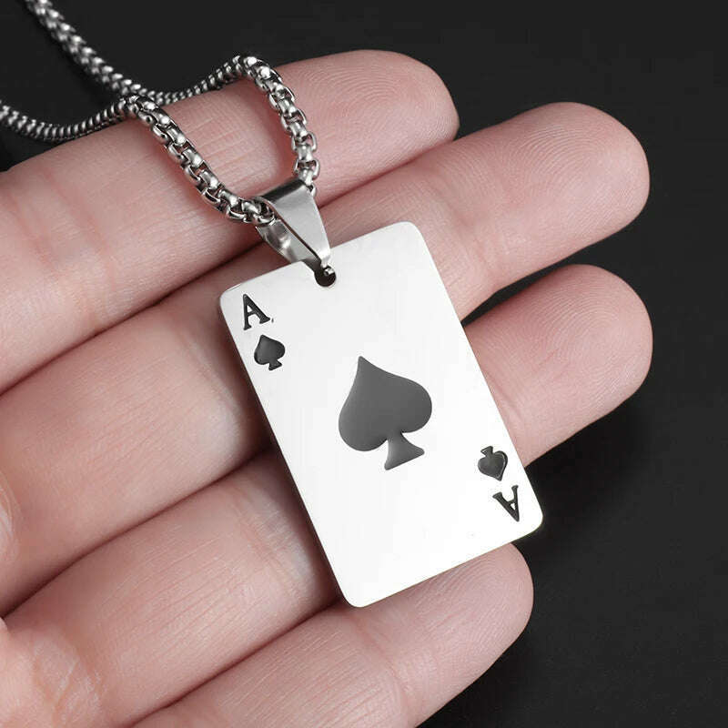 KIMLUD, New Fashion Stainless Steel Lucky Playing Card Spades Ace Hearts Pendant Necklace Men Women Trend Charm Personalized Jewelry, KIMLUD Womens Clothes