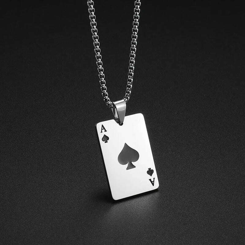 KIMLUD, New Fashion Stainless Steel Lucky Playing Card Spades Ace Hearts Pendant Necklace Men Women Trend Charm Personalized Jewelry, AL6737-Black, KIMLUD Women's Clothes