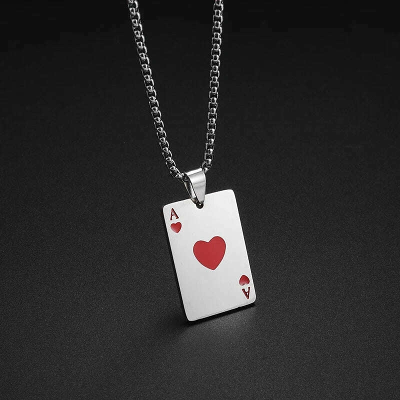 KIMLUD, New Fashion Stainless Steel Lucky Playing Card Spades Ace Hearts Pendant Necklace Men Women Trend Charm Personalized Jewelry, AL6737-Red, KIMLUD Women's Clothes