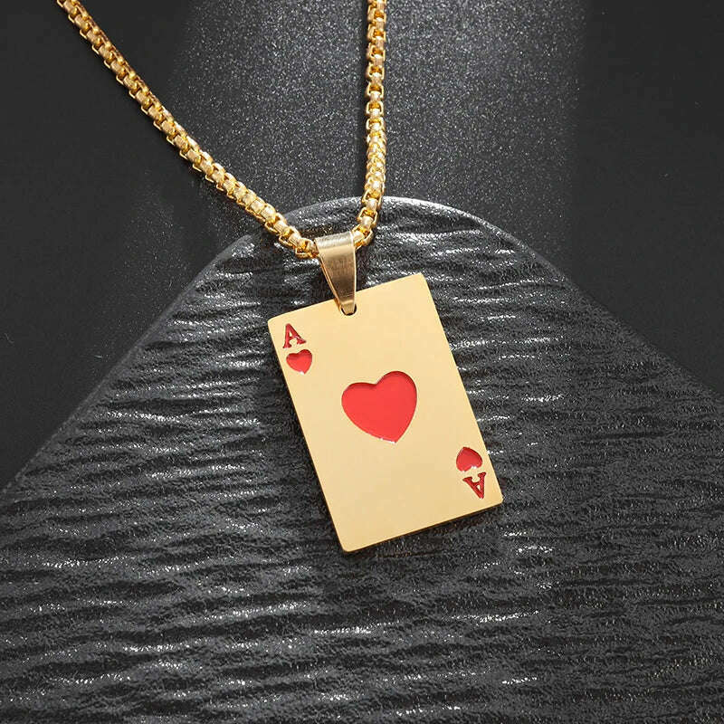 KIMLUD, New Fashion Stainless Steel Lucky Playing Card Spades Ace Hearts Pendant Necklace Men Women Trend Charm Personalized Jewelry, AL6737-Gold, KIMLUD Women's Clothes