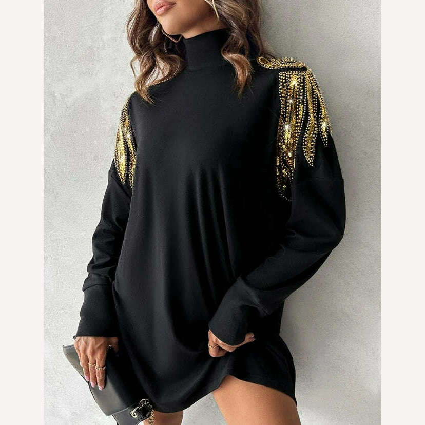 New Fashion Women 2024 Early Spring Casual Simple Dress High Neck Long Sleeve Angel Wings Pattern Contrast Sequin Casual Dress - KIMLUD