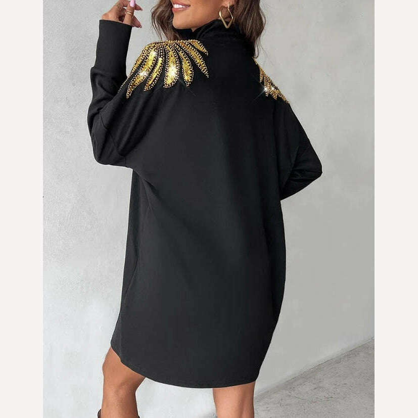 New Fashion Women 2024 Early Spring Casual Simple Dress High Neck Long Sleeve Angel Wings Pattern Contrast Sequin Casual Dress, KIMLUD Women's Clothes