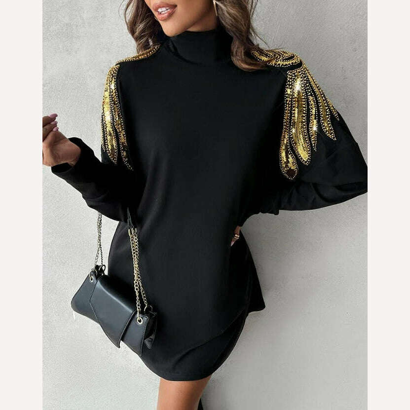 KIMLUD, New Fashion Women 2024 Early Spring Casual Simple Dress High Neck Long Sleeve Angel Wings Pattern Contrast Sequin Casual Dress, KIMLUD Womens Clothes