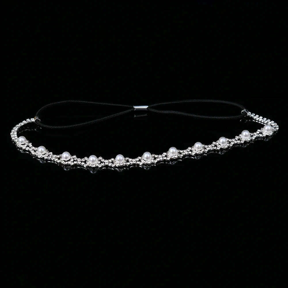 New Fashion Women Elastic Rhinestone Headband Women Wedding Bridal Hair Chain Pearl Crystal Hair Band Head Chain Accessories - KIMLUD