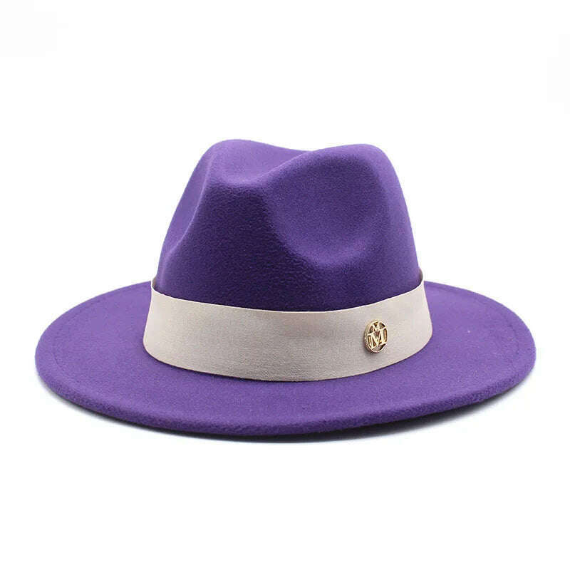 KIMLUD, New Fedora Hat For Women Winter Elegant Fashion Formal Wedding Decorate Church Cap Panama Party Jazz Hat chapeau femme, PURPLE / 56-58CM, KIMLUD APPAREL - Womens Clothes